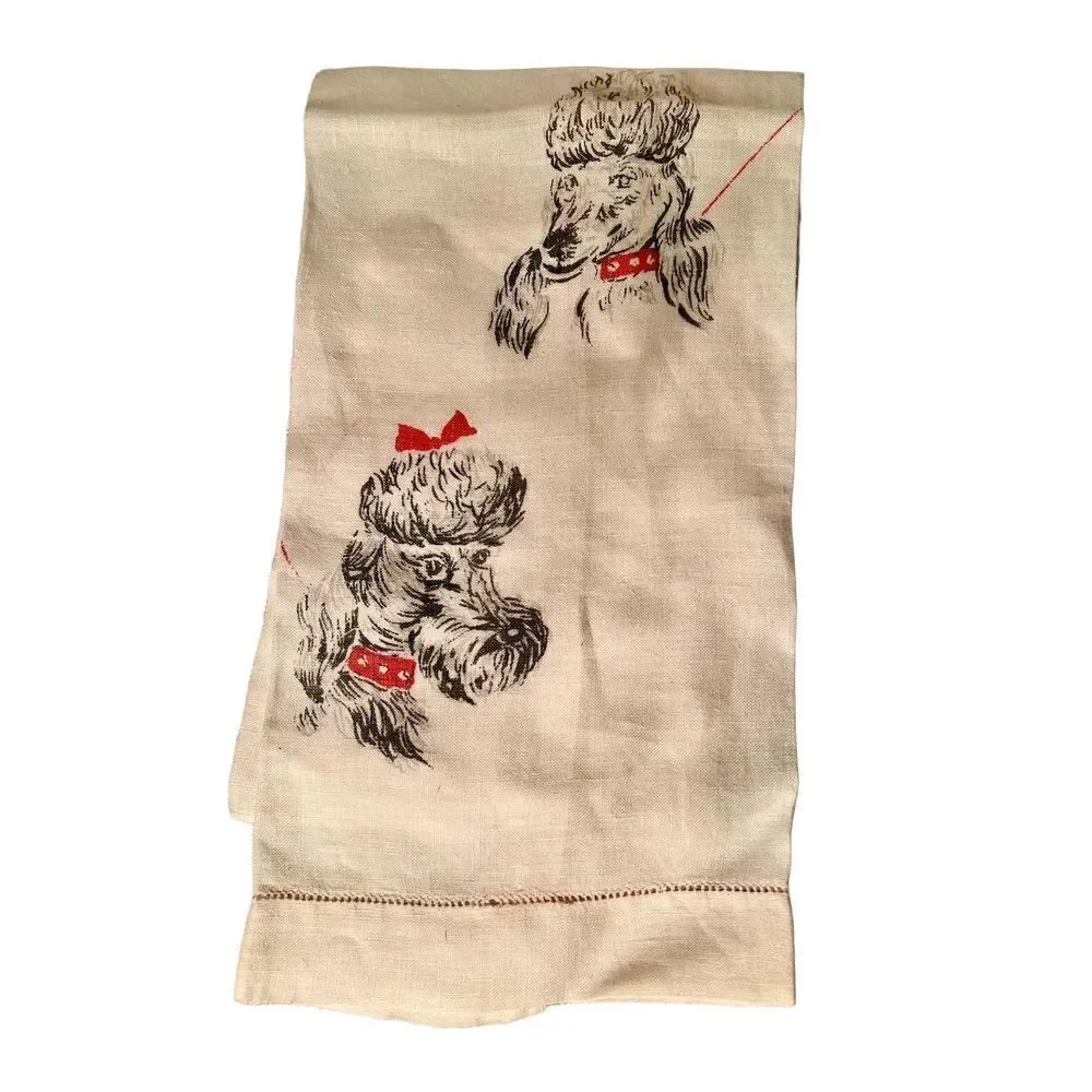 VTG Linen Guest Hand Towel Grey Poodles Red Leashes MCM Adorable VGC